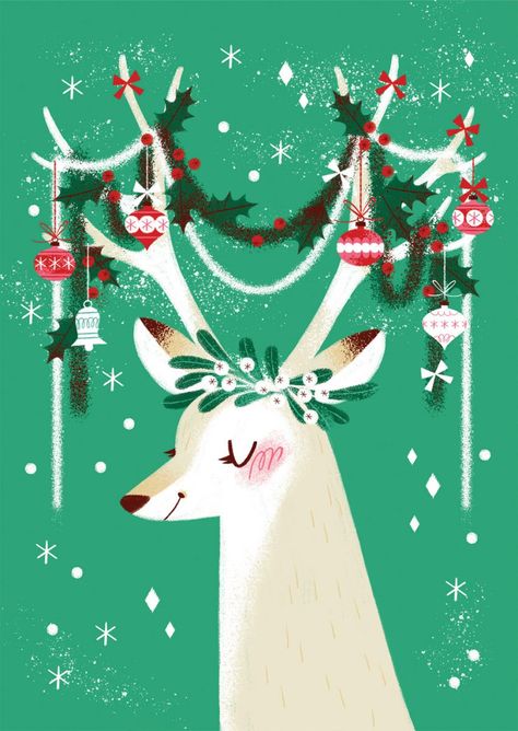 MEI STØYVA Rudolph Illustration, Christmas Wreath Illustration, Retro Reindeer, Christmas Tree Illustration, Design Motivation, Christmas Card Illustration, Wreath Illustration, Deer Illustration, Holiday Graphics