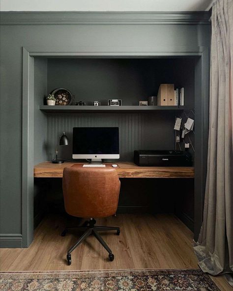 Try These Stylish Closet Offices to Elevate Your Workspace Home Office Mudroom Combo, Office Desk In Closet Built Ins, Closet With Desk Inside, Home Office In A Closet Ideas, Built In Desk In Closet, Desk Built Into Closet, Basement Office Nook, Closet Desk Ideas Built Ins, Office Nook In Kitchen