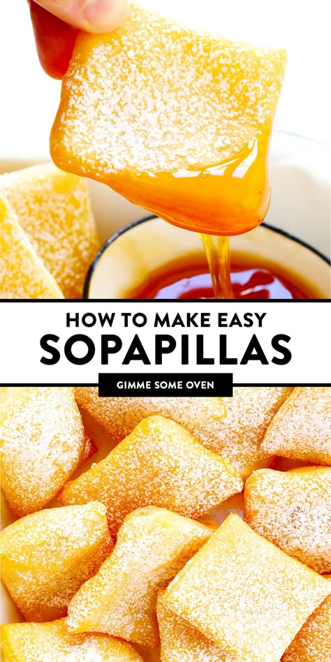 This restaurant-style sopapilla recipe is easy to make at home with pantry ingredients and always a crowd fave. Sprinkle your sopapillas in powdered sugar or dip in cinnamon-sugar -- up to you! | gimmesomeoven.com #sopapillas #dessert #mexican #texmex #donut #frybread #sweet Mexican Themed Desserts Sweet Treats, Easy Home Desserts, Puff Pasty Recipe Dessert, Easy Guatemalan Recipes, Last Minute Dessert Ideas, How To Make Powdered Sugar, Mexican Deserts Easy, Easy Mexican Desserts For A Crowd, Spanish Pastries