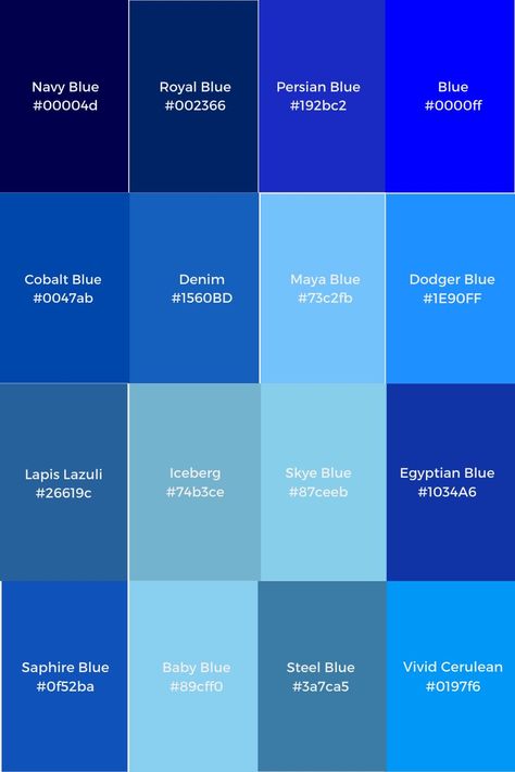 Beautiful Shades Of Blue, Colors Of Blue Shades, Unique Shades Of Blue, Blue Colour Wall Paint, All Blue Color Palette, Blue Color Swatches Shades, Different Shades Of Dark Blue, Blue Scheme Color, Shades Of Blue For Wedding