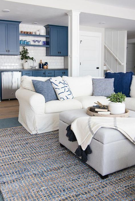 Blue And White Beach House Decor, Small Lake House Bathroom, Navy And White Beach House, Blue And White Basement, Nautical Family Room, Lake Cabin Living Room, Blue And White House Decor, Blue Basement Ideas, Beachy Basement