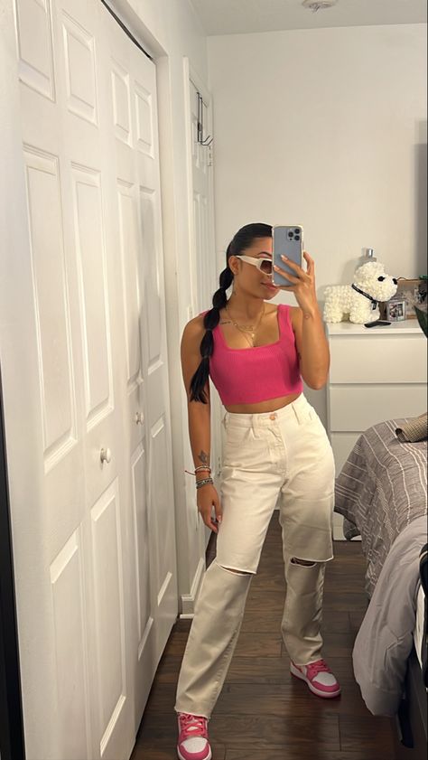 Pink Nike Shoes Outfit Casual, Pink Air Forces Outfits, Outfit With Pink Jordans, Business Casual Outfits With Jordans, Jordan 1 Pink Outfit Women, Fierce Pink Jordan 1 Outfit, Strawberries And Cream Jordans Outfit, Pink Nike Shoes Outfits For Women, Pink And White Outfits Aesthetic