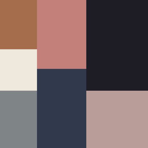 My wardrobe color palette: cognac brown, creamy whites, grey, rosey muted pinks, navy blue, black and pink-greys. Brown And Blue Living Room, Earthy Modern, Brown Living Room Decor, Modern Palette, Black Color Palette, Pink Color Schemes, Pink Living Room, Brown Color Palette, Grey Color Palette