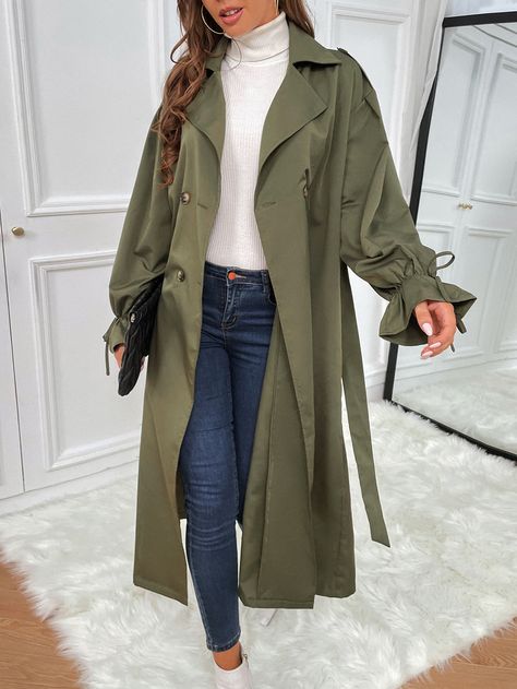 Army Green Casual  Long Sleeve Polyester Plain Regular  Non-Stretch Spring/Fall Women Outerwear Khaki Coat Outfit, Khaki Trench Coat Outfit, Trench Coats Women Outfit, Green Coat Outfit, Casual Trench Coat Outfit, Coat Outfits For Women, Army Green Outfit, Long Green Coat, Trench Outfit