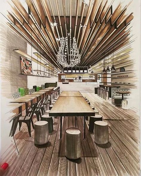 Cafe Perspective, Restaurant Perspective, Marker Sketch, Perspective Drawing Architecture, Interior Design Renderings, Drawing Interior, Interior Architecture Drawing, Interior Design Drawings, Interior Design Sketch