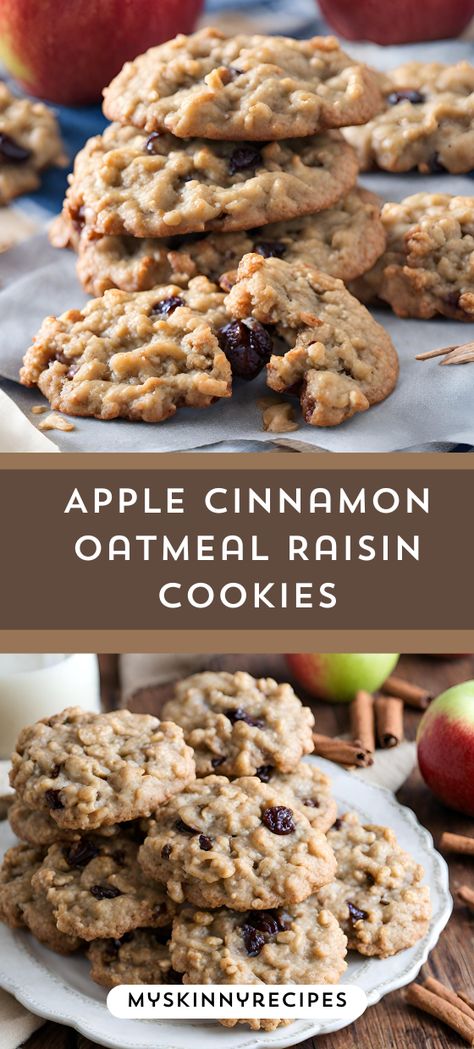 Fall in love with these Apple Cinnamon Oatmeal Raisin Cookies! 🍎🍪 Packed with cozy flavors and wholesome ingredients like oats, raisins, and fresh apples, these cookies are perfect for autumn baking. Get the recipe now and treat yourself to a taste of seasonal sweetness! #FallBaking #CookieRecipes #myskinnyrecipes Maple Oatmeal Raisin Cookies, Apple Cinnamon Oatmeal Cookies Healthy, Apple Oatmeal Raisin Cookies, Cinnamon Raisin Recipes, Recipes Using Old Fashioned Oats, High Altitude Oatmeal Raisin Cookies, Crumbl Oatmeal Raisin Cookies, Desserts With Raisins, Raisin Recipes Easy