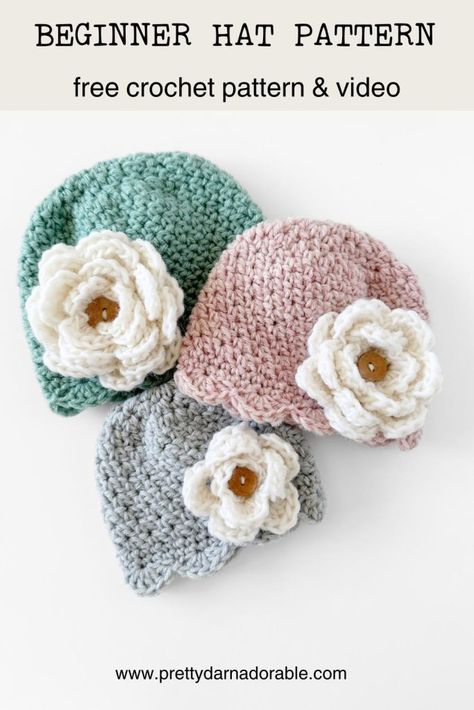 Create matching hats with my free crochet pattern for the Sweet Scalloped Beanie! This beginner-friendly pattern includes a detailed video tutorial and features a beautiful crochet rose. Made with worsted weight yarn, it's perfect for both moms and kids. Click now to see how easy it really is! Winter Hat Crochet Pattern, Easy Crochet Baby Hat, Crochet Flower Hat, Easy Crochet Hat Patterns, Girls Crochet Hats, Beanie Knitting Patterns Free, Crochet Hat For Beginners, Beanie Hat Pattern, Matching Hats