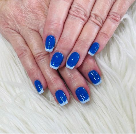 She shaped my nails into wide V. These are my real nails-they are powder dipped for strength! Next time we’ll go with a more narrow V! Blue Nails With White French Tip, Blue Nails White Tips, Blue Nails With White, Blue Toe Nails, Nails With White, Royal Blue Nails, White Tip Nails, Blue French Tips, Blue Toes