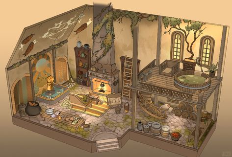 ArtStation - Wizard's home, Julia Guljar Fantasy Bath House Concept Art, Fantasy House Interior Art, Wizard Tower Interior, Drawing Room Concept, Nautical Drawing, Interior Concept Art, Witch Hut, Room Concept, Romantic Drawing