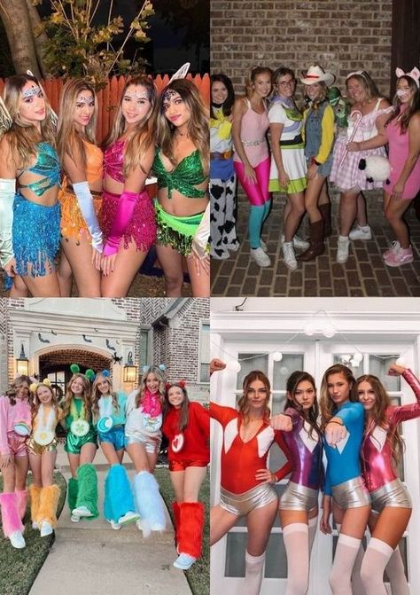 Staff Group Halloween Costumes, Womens Group Costumes, Group Cute Halloween Costumes, 5 People Group Costumes, Group Rave Costumes, Quad Halloween Costumes Friends, Edc Group Outfits Ideas, Groups Of 5 Halloween Costumes, 8 People Halloween Costumes