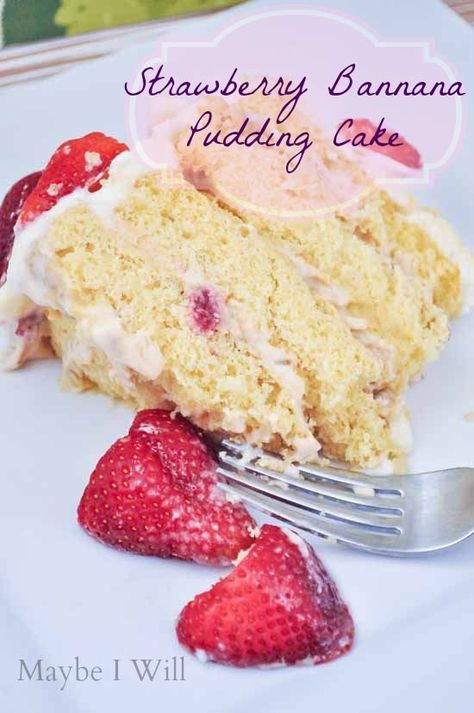 {www.maybeiwill.com}... Strawberry Banana Pudding Cake!!! This Stuff is AMAZING!!!! #cake #pudding #freshfruit Banana Pudding Cake Recipe, Strawberry Banana Pudding, Strawberry Banana Cakes, Pudding Cake Recipe, Making Desserts, Banana Pudding Cake, Chocolate Ganache Frosting, Pudding Cake, Köstliche Desserts