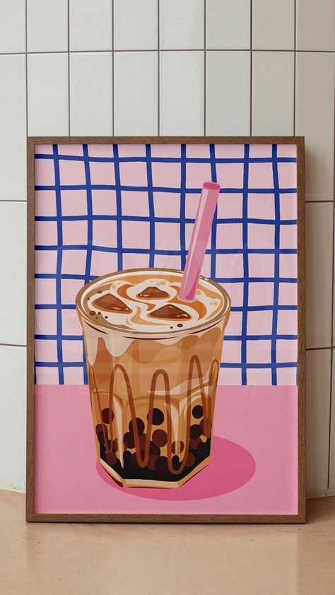 Brown Sugar Boba Bubble Milk Tea Illustration, Pink Blue Pearls Poster Kitchen Art Print Iced Coffee Coffee Corner Painting, Iced Coffee Poster Design, Illustration Art Print, Coffee Art Poster, Boba Graphic Design, Coffee Prints Art, Coffee Pattern Design, Abstract Coffee Art, Coffee Cup Art Paintings