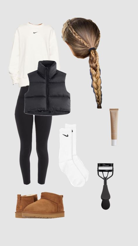 Cute Outfits For Winter Aesthetic, Everyday Casual Outfits Autumn, Cute Winter Outfits School, Outfit For Chilly Weather, Cute Sweaters For School, How To Style A Black Puffer Vest, Winter Outfit Collage, Cute Winter Outfits For School Cold Weather Preppy, Cute Outfits For 8th Grade