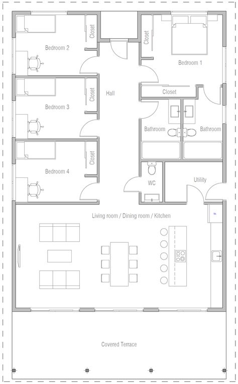 Four Bedroom House Plans, Rumah Moden, Simple Floor Plans, 5 Bedroom House Plans, Pelan Rumah, Affordable House Plans, Modern Floor Plans, Small House Floor Plans, 4 Bedroom House Plans