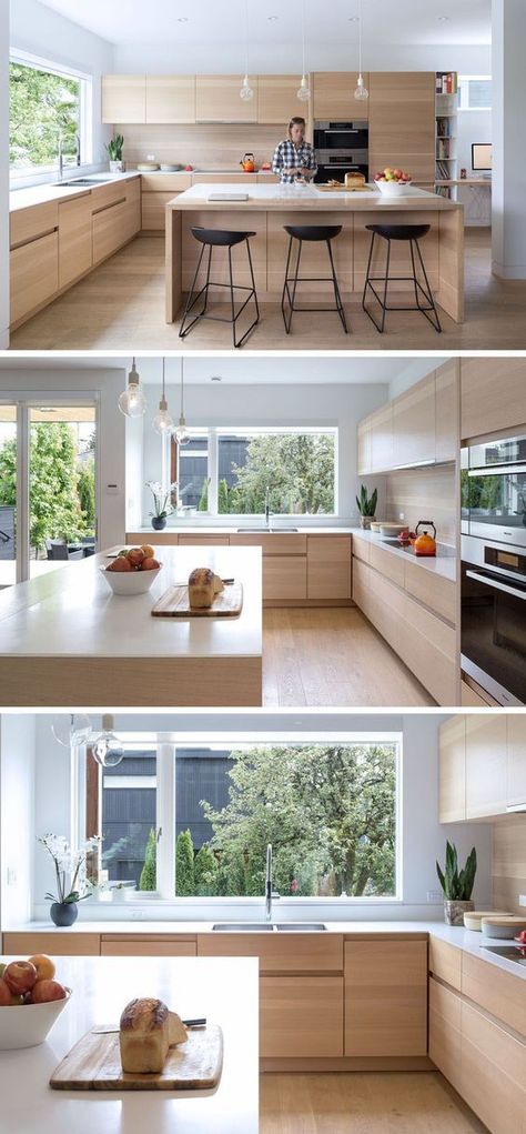 Large Window, Recipe Books, Trendy Kitchen, Counter Tops, Wooden Kitchen, Wood Kitchen, Kitchen Layout, Kitchen Style, Design Case