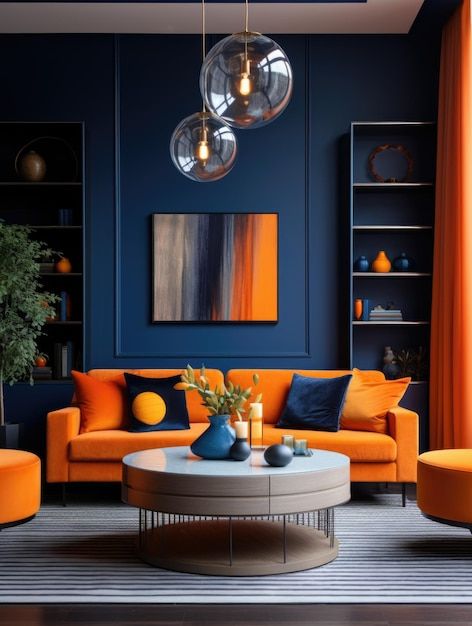 Premium Photo | Interior design of modern living room with dark blue walls and orange furniture Blues And Orange Living Room, Blue Sofa Orange Wall, Blue Walls Orange Sofa, Blue Orange Living Room Color Scheme, Bold Interior Design Living Room, Blue And Orange Lounge, Blue And Burnt Orange Living Room, Orange Blue Interior, Blue Orange Room