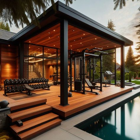 Transform your backyard into a fitness oasis with a custom gym and pool. Achieve your fitness goals in style. #OutdoorGym #LuxuryFitness #HomeGym #GymDesign #PoolDesign Home Gym Design Luxury, Outdoor Home Gym, Luxury Home Gym, Backyard Gym, Dream Home Gym, Dream Gym, House Gym, Luxury Gym, Gym Pool