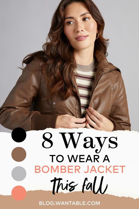 Pinterest image for how to style a bomber jacket. Brown Bomberjack Outfit Women, Jacket Outfit Women, Bomber Jackets, How To Style, In Time, To Learn, Bomber Jacket, Quick Saves