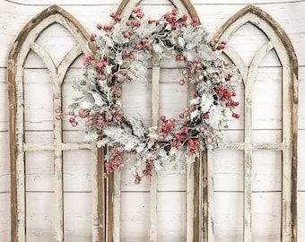 "Church Window, Farmhouse, Cathedral Window, Country Wall Decor, Candle Sconces, Rustic Wall Decor, Wood and Metal, Free Shipping, This Cathedral Window is made of wood and metal and the decorative Wall Sconces are made of metal and glass. The photos shows the window, the metal wall sconces, the outside candle holders, and the inside candle holders. You have the option to purchase just the window, the window and sconces, or just the sconces (includes 2 per order) from the pull down menu. The tot Windows Farmhouse, Window Arch, Arched Wall Decor, Wood Window Frame, Church Window, Farmhouse Window, Cathedral Window, Farmhouse Style Christmas, Wood Window