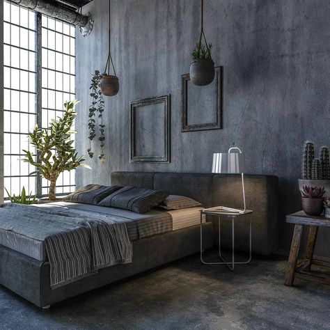 Industrial style bedroom design with interior decor and environmentally friendly elements Bedroom Ideas Industrial, Concrete Bedroom, Industrial Decor Bedroom, Industrial Bedroom Design, Industrial Style Bedroom, Loft Style Bedroom, Industrial Style Interior, Ideal Bedroom, Concrete Interiors