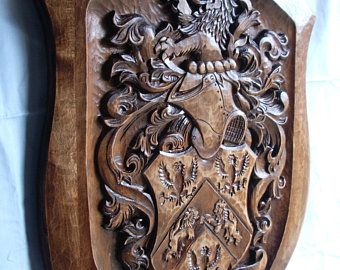 Custom Family Crests Wood Signs and Woodcarvings by CarvingRoots Wooden Shield, Family Shield, Chip Carving, Custom Carved, Wooden Plaques, Family Crest, Dremel, Personalized Family, Coat Of Arms