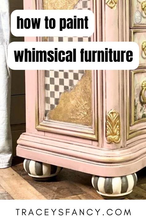 gold leaf + Alice in Wonderland image transfers + black and white patterns + bright colors! this furniture painting blog will teach you how to paint funky whimsical furniture #traceysfancy #furniturefinish brightly painted furniture makeovers & painted night stand ideas Painted Credenza Ideas, Alice And Wonderland Room, Upcycling Furniture Ideas, Furniture Painting Patterns, Unique Furniture Painting, Pink Nightstand, Pink Painted Furniture, Diy Painted Furniture, Vintage Hand Painted Furniture