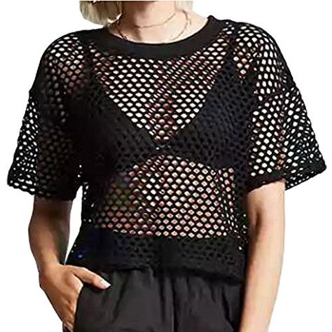 CLOZ Women's Mesh Net See Through Fishnet T-Shirt Crop Top Net Shirt Design, Radioactive Costume, Net Top Designs For Women, Net Top Outfits, Net Shirt Outfit, Net Top Design, Black Mesh Top Outfit, Net Clothes, Black Net Top