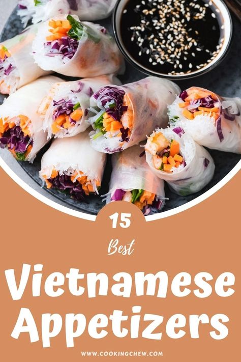 Suppose you are a food lover who wants to taste meals from every country; take a peek at our 15 Vietnamese appetizers list. Let's enter Vietnam's magical world of taste & delicious flavors! Ready? Vietnamese Food Party Ideas, Vietnamese Snacks Appetizers, Vietnamese Appetizers Easy, Vietnamese Catering Food, Vietnamese Tet Recipes, Vietnamese Finger Food Party, Asian Potluck Ideas, Vietnamese Finger Food, Asian Fusion Appetizers