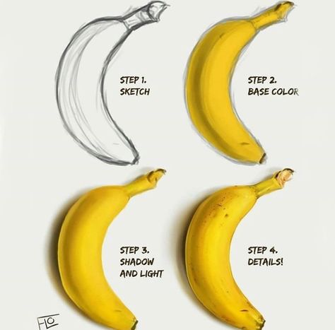 How to paint a banana Fruits Drawing, Ipad Art, Poses References, Digital Painting Tutorials, Color Pencil Art, Process Art, Realistic Drawings, Digital Art Tutorial, Painting Tips