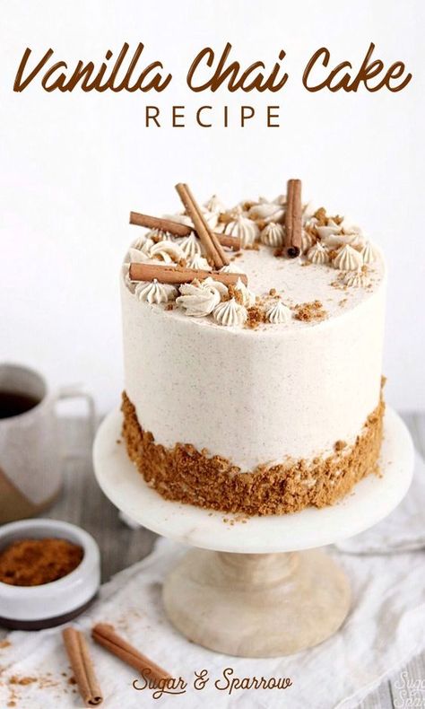 Learn how to make this delicious vanilla chai layer cake infused with chai tea + spiced with a homemade Chai Spice Mix. Perfect for Autumn | Sugar & Sparrow | #chaicake #vanillachaicake #chaicakerecipe #vanillachaicakerecipe #cakerecipe #fallcake #baking #spicecake #sugarandsparrow #cakeideas #cakedecorating Vanilla Chai Cake, Chai Buttercream, Chai Cake Recipe, Chai Cake, Fall Cake, Spice Mix Recipes, Torte Cupcake, Vanilla Chai, Fall Cakes