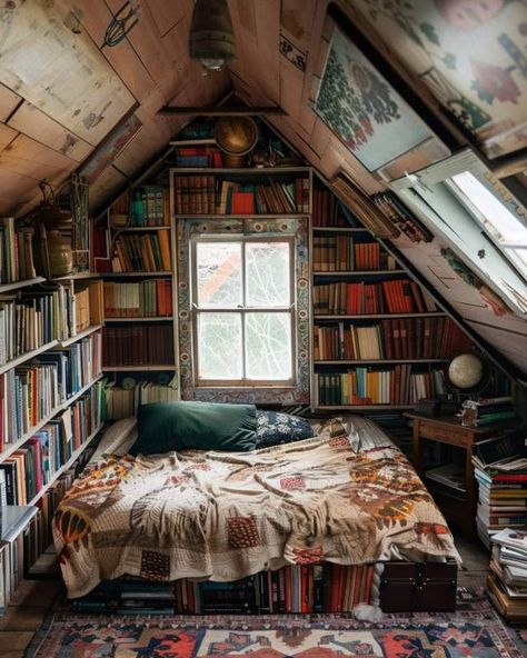 Booklover Space Library, Cottages Interiors, Attic Library, Cozy Home Library, Attic Makeover, Attic Office, Library Bedroom, Cozy Rooms, Cozy Places