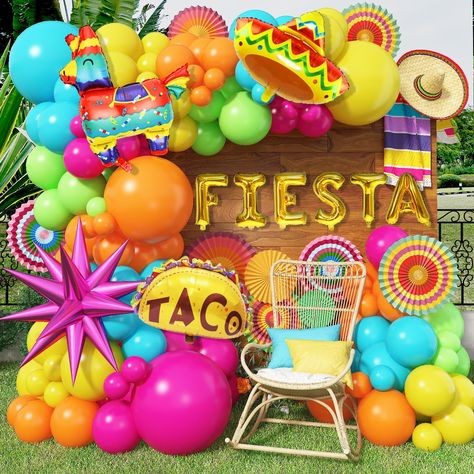 PRICES MAY VARY. 🌮 Mexican Fiesta Balloon Arch Kit - This 100pcs latex & foil balloons pack include 18 inch balloons (orange X 1, teal blue X 1, yellow X 1, hot pink X 1), 10 inch balloons (orange X 10, teal blue X 10, yellow X 10, hot pink X 10, lime green X 10), 5 inch (orange X 8, teal blue X 8, yellow X 8, hot pink X 8, lime green X 8), 22 inch foil balloon (starburst X 2), foil balloons (taco X 1, llama X 1, sombrero X 1, FIESTA X 1), 16ft balloon strip tape (1 roll), 100pcs glue dot (1 ro Fiesta Balloon Arch, Taco Twosday Birthday, Rainbow Balloon Garland, Mexican Fiesta Party Decorations, Mexican Theme Party Decorations, Taco Twosday, Rainbow Party Decorations, Fiesta Colors, Mexican Fiesta Party