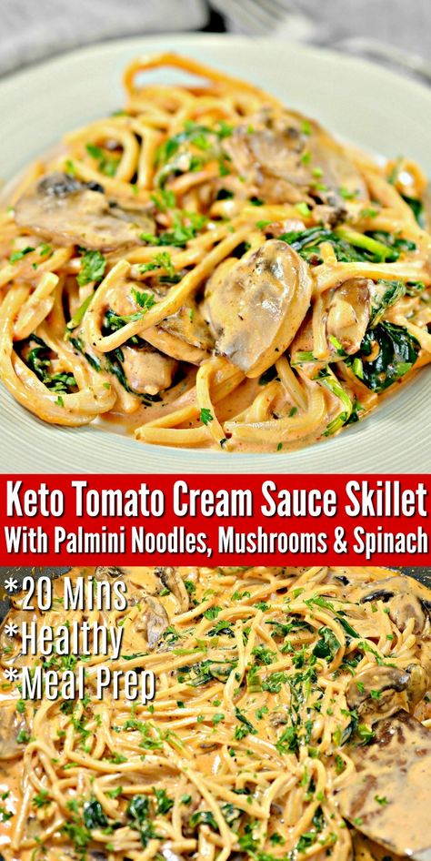 Keto Cream Sauce Skillet With Mushroom & Spinach - Toss with chicken, shrimp or ground turkeky for a complete low carb dinner the whole fsamily will love! #keto #ketorecipes #ketodiet #ketocreamsauce #skilletdinner #vegetarianrecipes #dinnerideas #food #recipes Low Carb Meals With Mushrooms, Keto Cream Sauce, Spinach Mushroom Cream Sauce, Healthy Creamy Mushroom Sauce, Chicken Spinach Mushroom Low Carb Dish, Keto Creamy Chicken And Mushrooms, Tomato Cream Sauce Pasta, Family Pasta, Pasta With Mushrooms