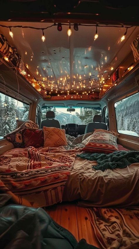 Dreamy van life under fairy lights ✨✨ #VanLife #BohoMood #FairyLights #vanlife #mood Small Travel Trailer Remodel, Small Travel Trailer, Van Life Aesthetic, Vans Aesthetic, Painting Glass Jars, Small Travel Trailers, Compact Appliances, Camping Inspiration, Rv Homes