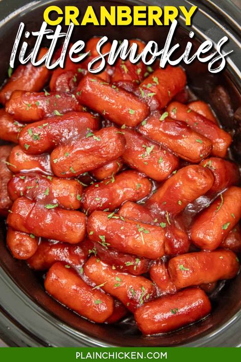 Cranberry Little Smokies Recipe - These bite-sized cocktail weenies are slow-cooked to perfection in a tantalizing blend of cranberry sauce and chili sauce. Sweet, tangy, and spicy, they're the ultimate party appetizer that will disappear in no time. They make a great appetizer for tailgating on game day, holiday gatherings, or any occasion where deliciousness is a must! Thanksgiving Little Smokies, Little Cocktail Smokies, Cranberry Lil Smokies, Slow Cooker Cocktail Weenies, Little Sausages In Crockpot, Breakfast Lil Smokies, Cranberry Little Smokies, Crock Pot Lil Smokies Recipes, Cocktail Franks Appetizers