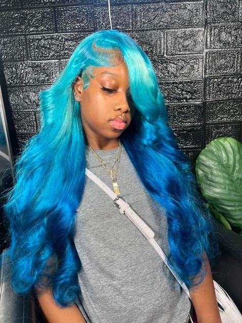 Blue Ombre Hair Black Women, Blue And Green Hair Dye Ideas, Ombré Blue Wig, Ombré Wig Colors, Blue Ombre Wig, Birthday Hairstyle, Most Beautiful Hairstyles, Bday Hair, Wig Installs