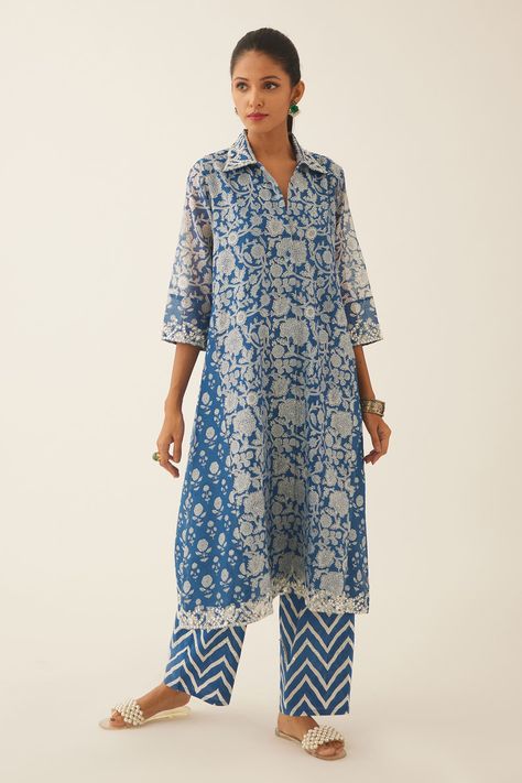 Buy Blue Kurta Silk Chanderi Hand Block Printed Bouquet Shirt And Pant Set For Women by KORA Online at Aza Fashions. Blue Kurta, Kurti Design, Types Of Work, Printed Kurti, A Line Shorts, Embroidered Neckline, Embroidery Suits, Pants Pattern, Pant Set