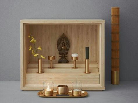 . Small Buddhist Altar(Butsudan) Altar Design, Mini Altar, Buddhist Shrine, Mandir Design, Meditation Room Decor, Buddhist Altar, Little Buddha, Meditation Altar, Pooja Room Design