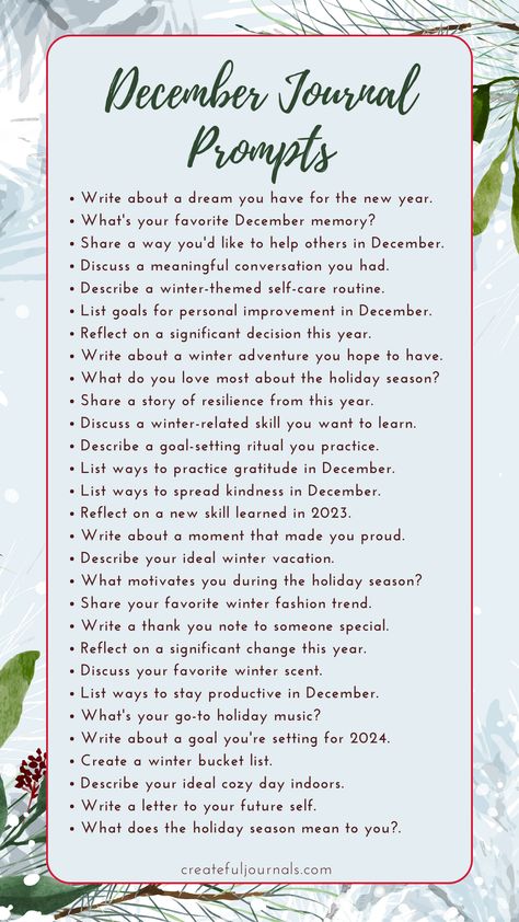 Here's a list of Journal prompts for December. Choose from these prompts throughout the month to inspire your journaling sessions! December Goals 30 Day, December Daily Journal Prompts, December Gratitude Challenge, December Writing Prompts For Kids, Christmas Journal Ideas Writing Prompts, Monthly Writing Challenge, December Journal Prompts 2024, Junk Journal December, Journal Prompts For December