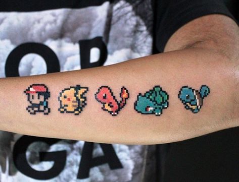 Thanks to a recent episode of Ink Master, I’ve quickly become obsessed with pixelated tattoos. These tats bring a unique look and aesthetic, unlike other styles. You can use these to pay homage to a… Art Tattoo Sleeve, Pixel Art Tattoo, Pixel Tattoo, Video Game Tattoos, Pikachu Tattoo, Nerdy Tattoos, Gamer Tattoos, Nerd Tattoo, Art Pixel