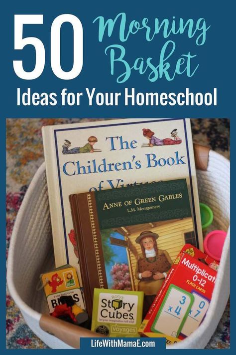 These morning basket ideas for your homeschool have been an inspiration to me! These could fit any  unit themes or Charlotte Mason living books. Montessori, Organisation, Homeschool Basket, Morning Basket Ideas, Homeschool Library, Preschool Flashcards, Learning Corner, Morning Basket, Charlotte Mason Homeschool