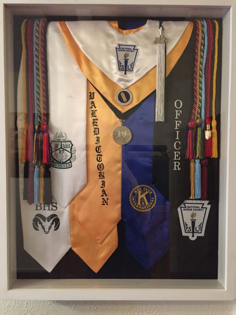 Graduation Shadowbox. Stoles, chords, metals, and tassel. Graduation Displays, Graduation Stole Ideas, Stole Ideas, Graduation Cords, Graduation Display, Shadow Box Graduation, Graduation Box, Shadow Box Ideas, Graduation Memories