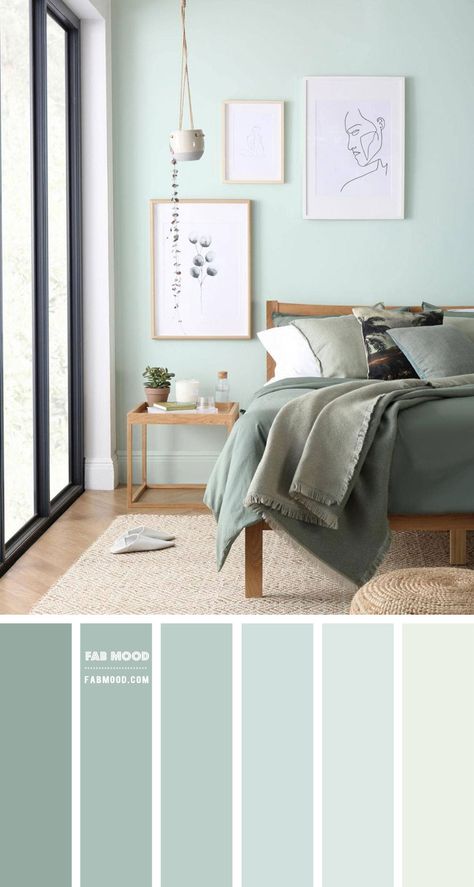 14 Beautiful Bedroom Colour Schemes : Mint and Sage Bedroom Bedroom Colour Schemes, Light Green Bedrooms, Mint Green Bedroom, Mint Green Rooms, Mint Bedroom, Sage Bedroom, Green Bedroom Walls, Beautiful Bedroom Colors, Wall Color Combination