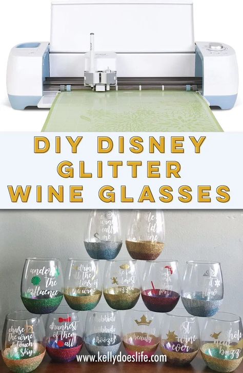 Glitter Stem Wine Glasses, Wine Glass Glitter Diy, Vinyl Wine Glass Ideas, Glass Vinyl Ideas, Cricut Wine Glass Ideas, Drinking Glasses Design, Diy Disney Princess, Cricut Wine Glasses, Disney Wine Glasses