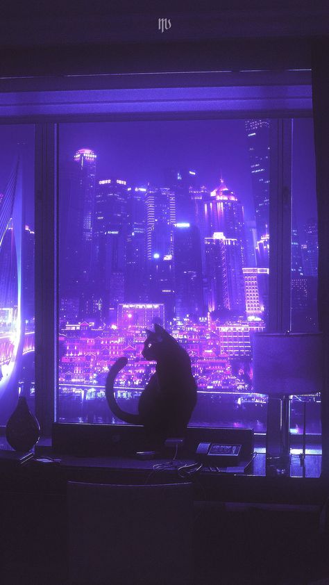 Purple Anime, City At Night, City Lights, A Cat, Cyberpunk, At Night, Cityscape, The City, Neon