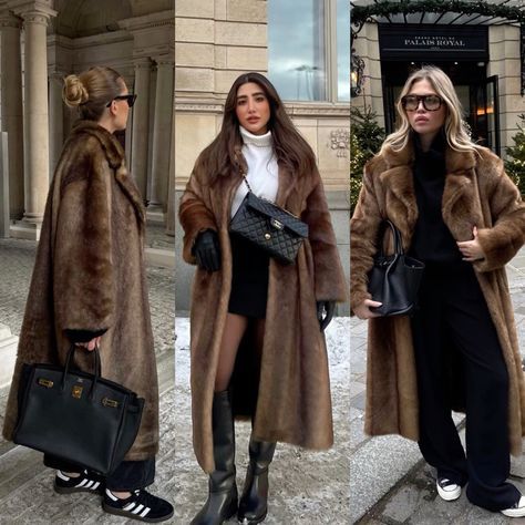 Outfits With Faux Fur Jackets, Winter Outfits With Fur Coat, Dark Brown Fur Coat Outfit, Long Fur Jacket Outfit, Long Fur Coat Outfit Classy, Long Brown Fur Coat Outfit, Long Faux Fur Coat Outfit, Brown Faux Fur Coat Outfit, Mink Coats Outfit