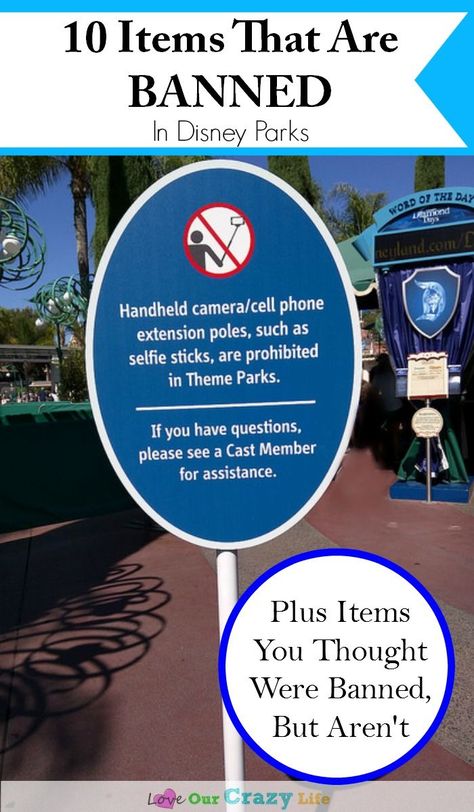 If you are heading to a Disney Park, don't get stuck at security by bringing items banned at Diseny. Here is a list of 10 items that are not permitted in the parks, plus a few items you have heard are banned- but really aren't. Disney List, Disney Universal Studios, Disneyland Tips, Disneyland Vacation, Disney Trip Planning, Going To Disney, Disney Vacation Planning, Disney Family Vacation, Disney World Tips