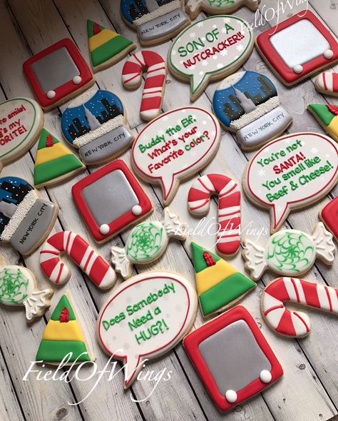 Elf Movie decorated Christmas sugar cookies | #FieldOfWings #elf #christmasCookies #elfcookies Buddy The Elf Cookies Decorated, Buddy Elf Cookies, Buddy The Elf Cookies, Elf Christmas Cookies, Elf Nails, Movie Cookies, Christmas Reception, Elf Themed Christmas Party, Elf Party