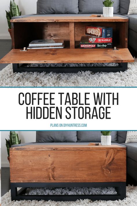 DIY Coffee Table With Hidden Storage - DIY Huntress Table With Hidden Storage, Coffee Table With Hidden Storage, Coffee Table Inspiration, Diy Coffee Table, Diy Coffee, Diy Furniture Table, Diy Furniture Projects, Coffee Table With Storage, Coffee Table Design