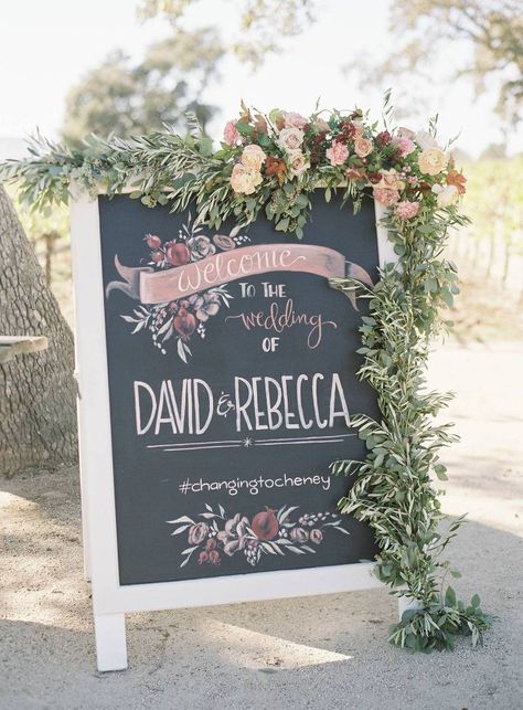 Charming California winery wedding with stunning florals | California Real Weddings California Winery Wedding, Kent Wedding Venues, Gold Wedding Signs, Wedding Post Box, Wedding Chalkboard Signs, Wedding Ceremony Signs, Ceremony Signs, Chalkboard Wedding, Chalkboard Sign